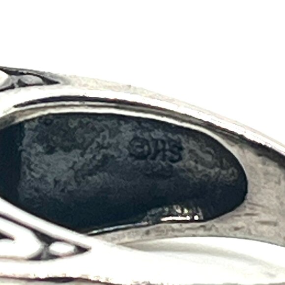 VINTAGE STERLING SILVER 925 RED CORAL STONE HS RING SCROLL SCALLOPED EDGE BOHO 7 - Picture 12 of 15